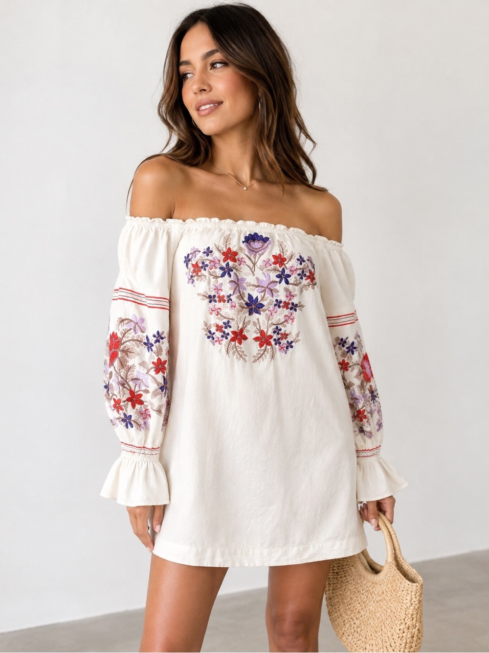 Free People Cream Off-Shoulder Mini Dress with Red & Purple Floral Embroidery